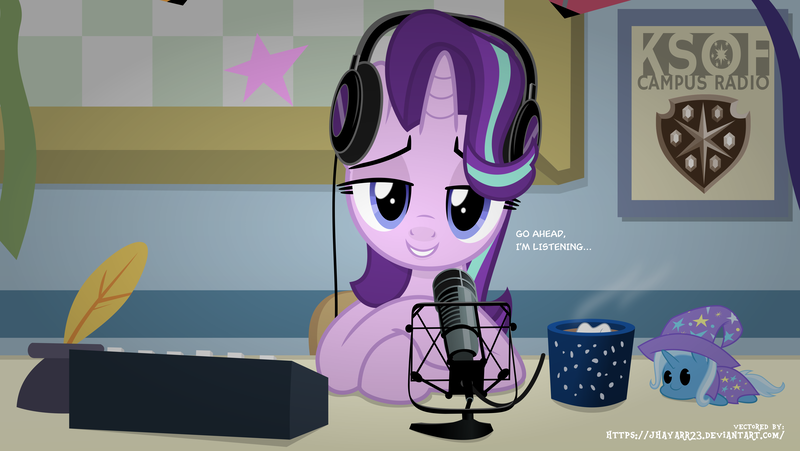 Size: 4422x2491 | Tagged: safe, artist:jhayarr23, derpibooru import, starlight glimmer, trixie, pony, unicorn, marks for effort, cape, chair, chocolate, clothes, empathy cocoa, female, food, fraiser crane, frasier, hat, headphones, horn, hot chocolate, implied lesbian, implied shipping, implied startrix, looking at you, mare, marshmallow, microphone, mug, multicolored hair, quill, radio show, show accurate, simple background, solo, vector, wizard hat
