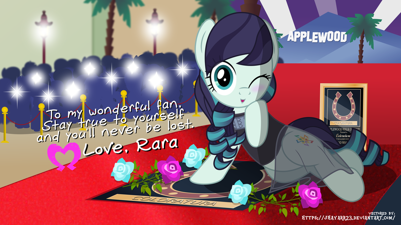 Size: 5250x2948 | Tagged: safe, artist:jhayarr23, derpibooru import, coloratura, earth pony, pony, applewood, carpet, clothes, cute, draw me like one of your french girls, female, flower, high res, hollywood, hoofsies, looking at you, mare, one eye closed, rara, rarabetes, red carpet, vector, walk of fame, wink