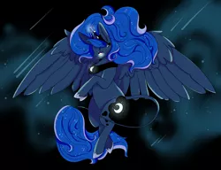 Size: 3900x3000 | Tagged: safe, artist:ami-lkshake, artist:andriamiles, derpibooru import, princess luna, alicorn, pony, cloud, crown, ear fluff, female, glowing eyes, hoof shoes, jewelry, leonine tail, mare, night, regalia, shooting stars, sky, solo, spread wings, wings