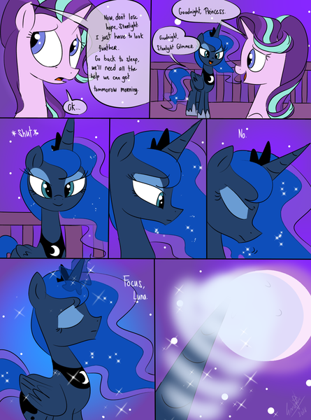 Size: 900x1214 | Tagged: safe, artist:emositecc, derpibooru import, princess luna, starlight glimmer, alicorn, pony, unicorn, comic:empty halls, comic, dialogue, duo, eyes closed, female, magic, mare, moon, night