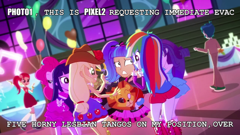 Size: 1080x608 | Tagged: suggestive, derpibooru import, edit, edited screencap, screencap, applejack, pinkie pie, pixel pizazz, rainbow dash, rarity, twilight sparkle, a photo booth story, eqg summertime shorts, equestria girls, background human, fall formal outfits, female, image macro, lesbian, meme, pizazzity