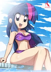 Size: 2894x4093 | Tagged: adorasexy, artist:ryured, bikini, breasts, busty twilight sparkle, clothes, cloud, cute, derpibooru import, female, human, humanized, open mouth, part of a set, sexy, sitting, sky, solo, suggestive, swimming pool, swimsuit, twiabetes, twilight sparkle, water