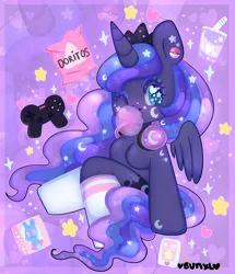 Size: 2894x3362 | Tagged: suggestive, artist:bunxl, derpibooru import, princess luna, anthro, gamer luna, blowing bubbles, breasts, bubblegum, chibi, chips, clothes, controller, doritos, featureless breasts, floating wings, food, gum, headphones, heart, implied trixie, mobile phone, one eye closed, phone, pokéball, pokémon, smartphone, socks, stars, wingding eyes, wink, zoom layer