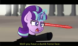 Size: 2570x1532 | Tagged: safe, artist:ashtoneer, derpibooru import, starlight glimmer, pony, unicorn, clothes, female, frown, glare, glowing horn, insult, kylo ren, lightsaber, magic, mare, open mouth, pointing, solo, star wars, star wars: the last jedi, weapon