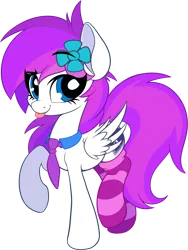 Size: 2465x3273 | Tagged: safe, artist:sharemyshipment, derpibooru import, oc, oc:lavanda, unofficial characters only, pegasus, pony, clothes, cute, female, flower, flower in hair, mare, necktie, simple background, socks, solo, stockings, striped socks, thigh highs, tongue out, transparent background