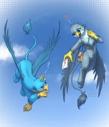 Size: 2850x3325 | Tagged: safe, artist:mykegreywolf, derpibooru import, gabby, gallus, gryphon, female, flying, gabbus, heart, high res, letter, love letter, mailbag, male, shipping, straight