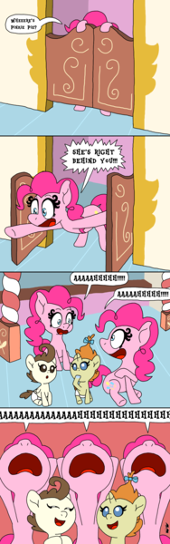 Size: 1000x3200 | Tagged: safe, artist:bjdazzle, derpibooru import, pinkie pie, pound cake, pumpkin cake, earth pony, pegasus, pony, unicorn, baby cakes, aaaaaaahhhhh, behind you, comic, door, female, foal, happy, hoof in mouth, hoof sucking, male, mare, multeity, panic, pinkie being pinkie, playing, screaming, self ponidox, sugarcube corner, too much pink energy is dangerous, triality, wat