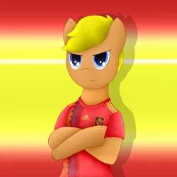 Size: 1200x1200 | Tagged: safe, artist:berryveloce, derpibooru import, oc, oc:pizza frenzy, earth pony, pony, adidas, clothes, football, jersey, male, offspring, parent:cheese sandwich, parent:pinkie pie, parents:cheesepie, solo, spain, world cup, world cup 2018