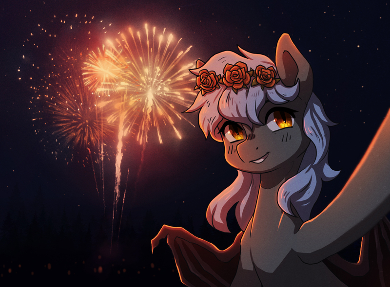 Size: 1598x1179 | Tagged: safe, artist:koviry, derpibooru import, oc, unofficial characters only, bat pony, bat pony oc, city, commission, female, fireworks, floral head wreath, flower, night, selfie, smiling, solo, stars, ych result