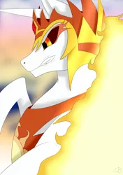 Size: 1024x1453 | Tagged: safe, artist:beastsans, derpibooru import, daybreaker, alicorn, pony, a royal problem, armor, evil, female, mane of fire, mare, solo