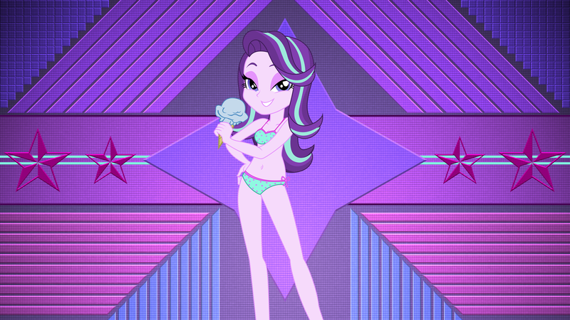 Size: 3840x2160 | Tagged: suggestive, artist:laszlvfx, artist:remcmaximus, derpibooru import, edit, starlight glimmer, equestria girls, bedroom eyes, blue underwear, bra, breasts, clothes, crop top bra, dessert, female, food, ice cream, ice cream cone, legs, lidded eyes, panties, polka dot underwear, ribbon, small breasts, smiling, smirk, solo, solo female, that human sure does love ice cream, underwear, wallpaper, wallpaper edit