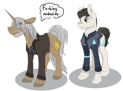 Size: 2700x2000 | Tagged: safe, artist:icefoxe, derpibooru import, ponified, android, earth pony, pony, unicorn, censored vulgarity, clothes, connor, crossover, detroit: become human, duo, hank, hank anderson, jacket, male, rk800, shirt, simple background, stallion, transparent background