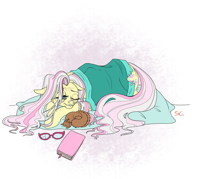 Size: 2000x1766 | Tagged: safe, artist:sourcherry, derpibooru import, fluttershy, pegasus, pony, fallout equestria, fanfic, blanket, cutie mark, fanfic art, female, floppy ears, glasses, gray mane, hooves, lying down, mare, ministry mares, nap, older, pillow, rad squirrel, solo, wrinkles