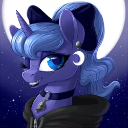 Size: 900x900 | Tagged: safe, artist:pusspuss, derpibooru import, princess luna, alicorn, pony, bow, braces, choker, clothes, ear piercing, earring, female, freckles, goth, hoodie, jewelry, lipstick, looking at you, mare, moon, night, night sky, one eye closed, piercing, ponytail, s1 luna, skull, sky, smiling, solo, stars, teenager, wink