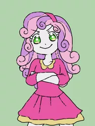 Size: 600x800 | Tagged: safe, artist:sajuaira, derpibooru import, sweetie belle, equestria girls, crossed arms, female, green background, headband, looking at you, simple background, solo