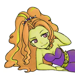 Size: 1088x1083 | Tagged: suggestive, artist:sajuaira, derpibooru import, adagio dazzle, equestria girls, breasts, cleavage, female, looking at you, pixiv, reclining, sexy, simple background, solo, solo female, stupid sexy adagio dazzle, white background