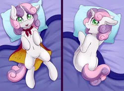 Size: 1100x806 | Tagged: safe, artist:fearingfun, derpibooru import, sweetie belle, semi-anthro, unicorn, belly button, blushing, body pillow, body pillow design, cape, chest fluff, clothes, cmc cape, cute, diasweetes, female, filly, looking at you, looking back, open mouth, pillow, smiling, solo