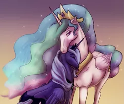 Size: 1083x911 | Tagged: alicorn, artist:aira90, derpibooru import, duo, ethereal mane, eyes closed, female, gradient background, hoers, horse, jewelry, mare, necklace, nuzzling, princess celestia, princess celestia is a horse, princess luna, regalia, royal sisters, s1 luna, safe, scene interpretation, starry mane