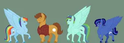 Size: 1600x559 | Tagged: safe, artist:ganashiashaka, derpibooru import, quibble pants, rainbow dash, oc, oc:feather dart, oc:storm streak, pegasus, pony, clothes, female, green background, male, mare, natural hair color, offspring, parent:quibble pants, parent:rainbow dash, parents:quibbledash, quibbledash, shipping, shirt, simple background, stallion, straight