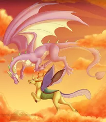 Size: 1200x1377 | Tagged: artist:bijutsuyoukai, changedling, changeling, cloud, derpibooru import, digital art, dragon, flying, gay, king thorax, male, older, safe, shipping, sky, spike, sunset, thorax, thoraxspike, winged spike