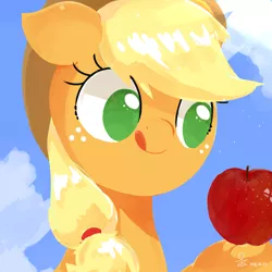 Size: 2000x2000 | Tagged: safe, artist:yunyeyoung, derpibooru import, applejack, earth pony, pony, apple, bust, cowboy hat, cute, female, food, freckles, hat, high res, hoof hold, jackabetes, mare, no pupils, portrait, solo, tongue out, underhoof