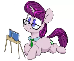 Size: 346x284 | Tagged: safe, artist:yoditax, derpibooru import, oc, oc:vox populi, pony, unicorn, book, cute, female, flockmod, glasses, necktie, prone, reading, simple background, solo, sploot, white background