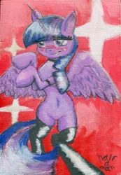 Size: 1558x2255 | Tagged: acrylic painting, alicorn, artist:halfaman, blushing, choker, derpibooru import, latex, plywood, safe, simple background, solo, traditional art, twilight sparkle, twilight sparkle (alicorn)