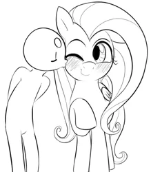 Size: 669x763 | Tagged: safe, artist:dotkwa, derpibooru import, fluttershy, human, pegasus, pony, blushing, cute, female, horse sized pony, kiss on the cheek, kissing, mare, monochrome, one eye closed, smiling, solo