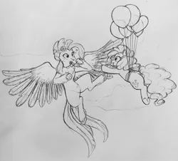 Size: 3021x2731 | Tagged: source needed, safe, artist:breezietype, derpibooru import, pinkie pie, princess skystar, classical hippogriff, earth pony, hippogriff, pony, my little pony: the movie, balloon, black and white, chest fluff, cloud, female, floating, frog (hoof), grayscale, jewelry, lesbian, monochrome, necklace, shell, shipping, sketch, skypie, then watch her balloons lift her up to the sky, traditional art, underhoof