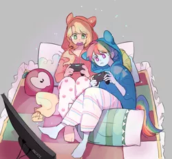 Size: 1111x1028 | Tagged: safe, artist:dusty-munji, derpibooru import, applejack, rainbow dash, human, appledash, clothes, controller, dualshock controller, female, freckles, humanized, lesbian, open mouth, pajamas, pillow, playstation 4, shipping, video game