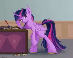 Size: 1500x1200 | Tagged: alicorn, artist:coldtrail, book, chest fluff, derpibooru import, desk, ear fluff, female, inkwell, looking at you, mare, quill, safe, scroll, solo, twilight sparkle, twilight sparkle (alicorn), unshorn fetlocks