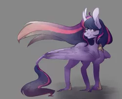 Size: 939x757 | Tagged: safe, artist:smolgrumpyscotswoman, derpibooru import, twilight sparkle, twilight sparkle (alicorn), alicorn, classical unicorn, pony, big ears, cloven hooves, curved horn, ethereal mane, female, gray background, leonine tail, long mane, looking at you, mare, raised hoof, simple background, smiling, solo, unshorn fetlocks