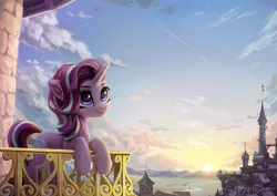 Size: 2121x1500 | Tagged: safe, artist:inowiseei, derpibooru import, starlight glimmer, pony, unicorn, architecture, balcony, building, canterlot, castle, cloud, cloudy, contrail, cute, detailed hair, detailed mane, female, fluffy, glimmerbetes, grass, grass field, hill, leaning, leaning forward, leaning on fence, leaning on something, looking up, mare, mountain, mountain range, neck fluff, river, roof, scenery, sky, smiling, solo, sun, sunrise, sunset, tower