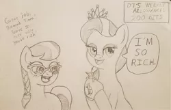 Size: 1964x1266 | Tagged: safe, derpibooru import, diamond tiara, silver spoon, ponified, earth pony, pony, /mlp/, bits, blushing, braid, description is relevant, dialogue, drawthread, female, filly, glasses, heart, heart eyes, hoof hold, miss kobayashi's dragon maid, request, speech bubble, traditional art, wingding eyes