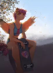Size: 2620x3593 | Tagged: anthro, artist:dagmell, bush, clothes, derpibooru import, female, foliage, leaves, plant, safe, scootaloo, shorts, sitting, skateboard, skaterloo, solo, spread wings, tanktop, tree, wings
