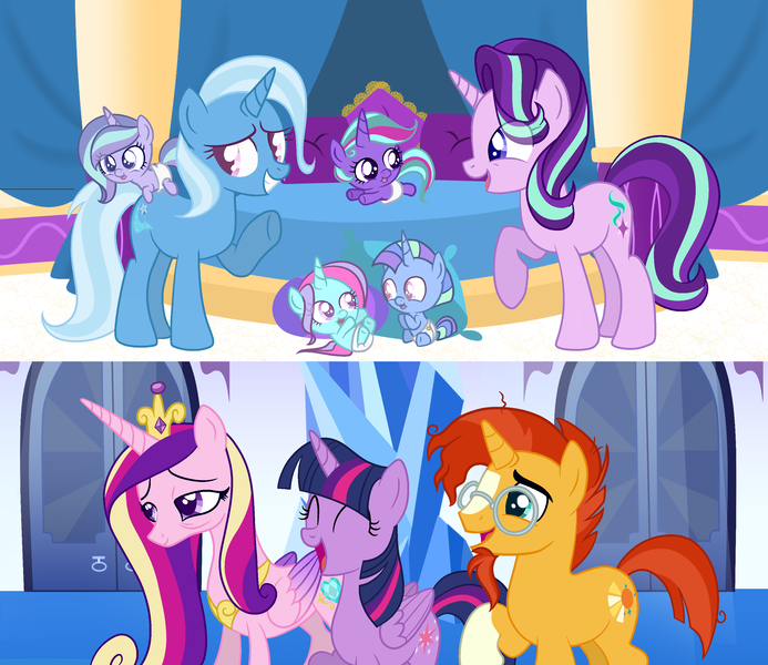 Size: 2973x2573 | Tagged: safe, artist:zozorarara, derpibooru import, princess cadance, starlight glimmer, sunburst, trixie, twilight sparkle, family, female, lesbian, magical lesbian spawn, offspring, parent:starlight glimmer, parent:trixie, parents:startrix, shipping, startrix