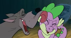 Size: 2616x1417 | Tagged: safe, artist:creativecrystal, derpibooru import, spike, dog, dragon, great dane, crossover, disney, disney style, einstein, licking, oliver and company, tongue out