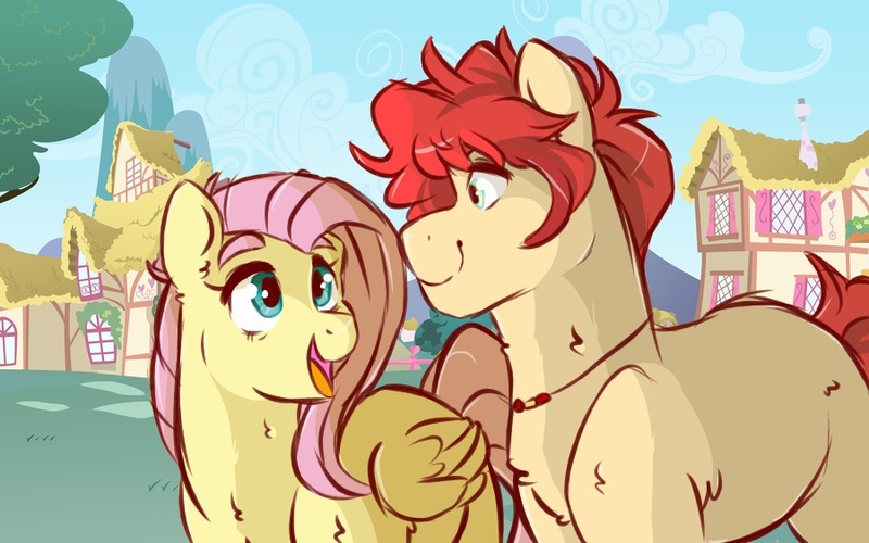 Size: 900x563 | Tagged: safe, artist:canisrettmajoris, derpibooru import, fluttershy, oc, oc:buck, earth pony, pegasus, pony, digital art, duo, female, looking at each other, male, mare, mother and son, next generation, offspring, open mouth, parent:braeburn, parent:fluttershy, parents:braeshy, stallion, story included