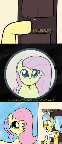 Size: 1294x3008 | Tagged: safe, artist:artiks, derpibooru import, doctor fauna, fluttershy, pegasus, pony, fluttershy leans in, comic, door, duo, duo female, female, fisheye lens, mare, peephole, scene interpretation