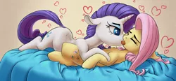 Size: 2768x1280 | Tagged: suggestive, artist:chromaskunk, artist:yoditax, derpibooru import, fluttershy, rarity, pegasus, pony, unicorn, eyes closed, female, flarity, french kiss, heart, kissing, lesbian, mare, mare on mare, shipping, tongue out, tongue play