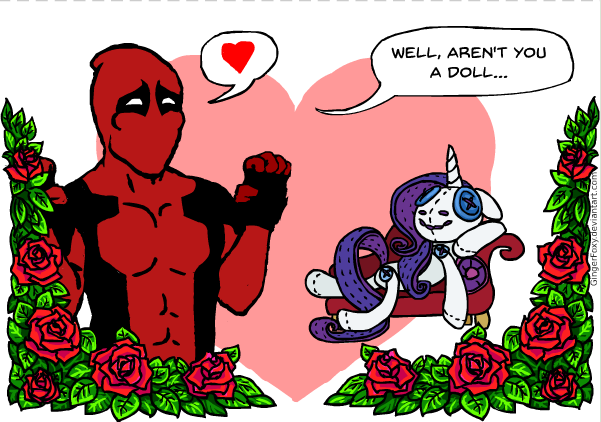 Size: 601x422 | Tagged: safe, artist:gingerfoxy, derpibooru import, rarity, human, pony, unicorn, pony couple generator, captain obvious, crossover, crossover shipping, deadpool, fainting couch, female, flower, heart, leaf, male, mare, obvious, plushie, rose, shipping, straight