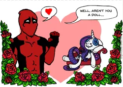 Size: 601x422 | Tagged: safe, artist:gingerfoxy, derpibooru import, rarity, human, pony, unicorn, pony couple generator, captain obvious, crossover, crossover shipping, deadpool, fainting couch, female, flower, heart, leaf, male, mare, obvious, plushie, rose, shipping, straight