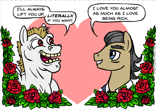 Size: 600x425 | Tagged: safe, artist:gingerfoxy, derpibooru import, bulk biceps, filthy rich, earth pony, pegasus, pony, pony couple generator, crack shipping, filthybulk, flower, gay, heart, leaf, lovey dovey, male, rose, shipping