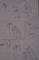 Size: 900x1408 | Tagged: safe, artist:redgreenblue6, derpibooru import, flam, flim, unicorn, brothers, comic, flim and flam comic, flim flam brothers, macro, male, micro, shrinking, traditional art