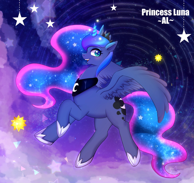 Size: 1459x1377 | Tagged: safe, artist:hosikawa, derpibooru import, princess luna, alicorn, pony, crown, female, jewelry, magic, mare, regalia, solo, starry eyes, wingding eyes