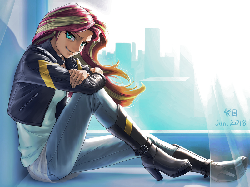 Size: 1280x960 | Tagged: safe, artist:murskme, derpibooru import, edit, editor:mjolnir312, sunset shimmer, human, equestria girls, angled leg, beautiful, boots, clothes, female, grin, high heel boots, high heels, human coloration, humanized, jacket, leaning, leaning on something, leather jacket, looking at you, photoshop, shoes, side view, sitting, smiling, smirk, solo, window