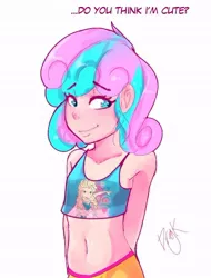 Size: 506x665 | Tagged: adorasexy, artist:dragk, belly button, breasts, bronybait, cute, delicious flat chest, derpibooru import, elsa, female, flurrybetes, frozen (movie), human, humanized, jailbait, midriff, princess flurry heart, safe, sexy, signature, simple background, smiling, solo, white background