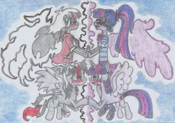 Size: 1755x1235 | Tagged: alicorn, alicorn oc, artist:nephilim rider, blushing, derpibooru import, oc, oc:heaven lost, safe, sci-twi, traditional art, twilight sparkle, twilight sparkle (alicorn)