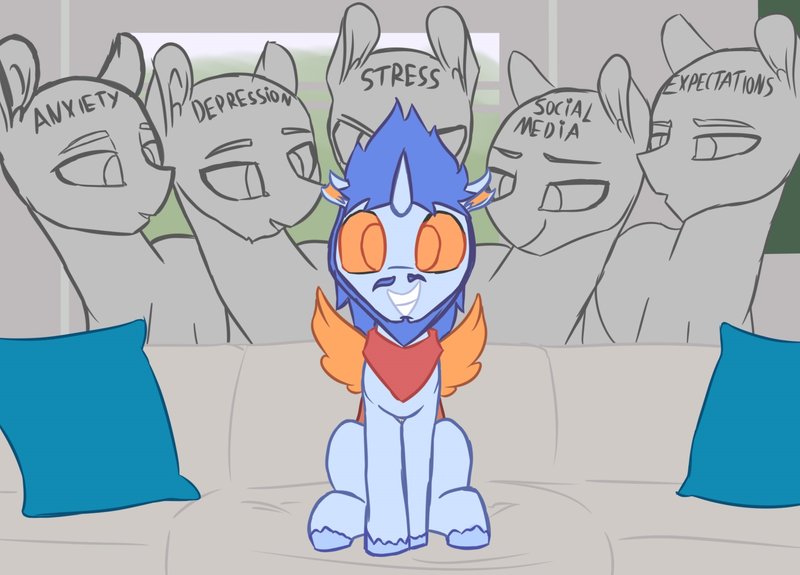 Size: 800x575 | Tagged: safe, artist:shinodage, artist:thatonegib, derpibooru import, edit, oc, oc:gib, changedling, changeling, anxiety, bandana, bedroom eyes, changedling oc, changeling oc, couch, depression, eyes on the prize, grin, looking at you, meme, metaphor, neckerchief, :o, open mouth, pillow, piper perri surrounded, sitting, smiling, smirk, social media, squee, stress