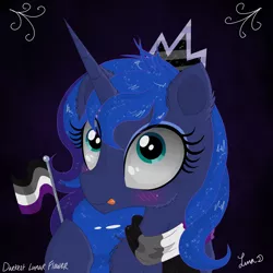 Size: 3500x3500 | Tagged: safe, artist:darkest-lunar-flower, derpibooru import, princess luna, alicorn, pony, :p, alternate universe, asexual, asexual pride flag, blushing, bust, cheek fluff, chest fluff, clothes, crown, cute, ear fluff, female, flag, fluffy, gradient background, hoof hold, jewelry, lunabetes, mare, messy mane, missing accessory, portrait, pride, pride month, regalia, scarf, silly, sitting, smiling, sparkles, tiara, tongue out, tumblr, wide eyes